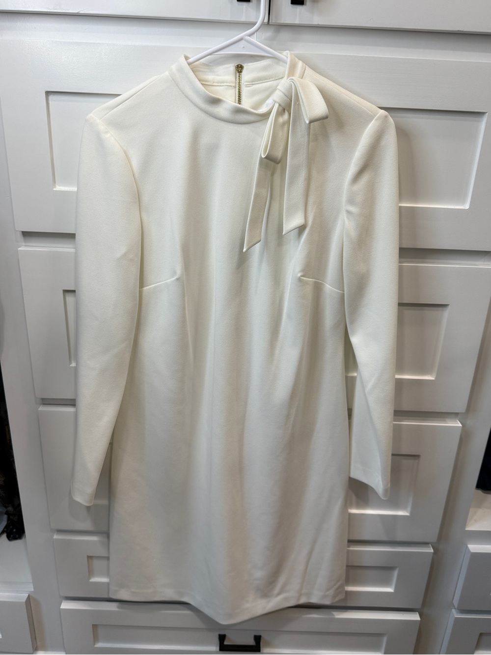 Calvin Klein Ivory Long-Sleeve Bow-Tie Neck Dress